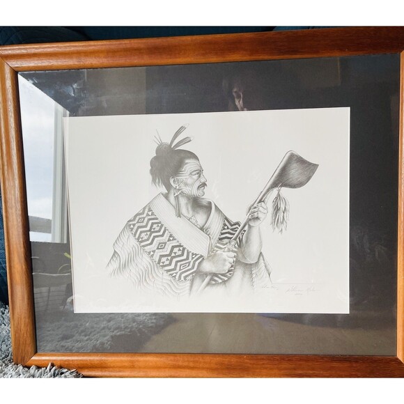 MAORI Warrior Man Framed Etching Tribal Tattoo Holding Taiaha By William Mahon ? - Picture 2 of 16